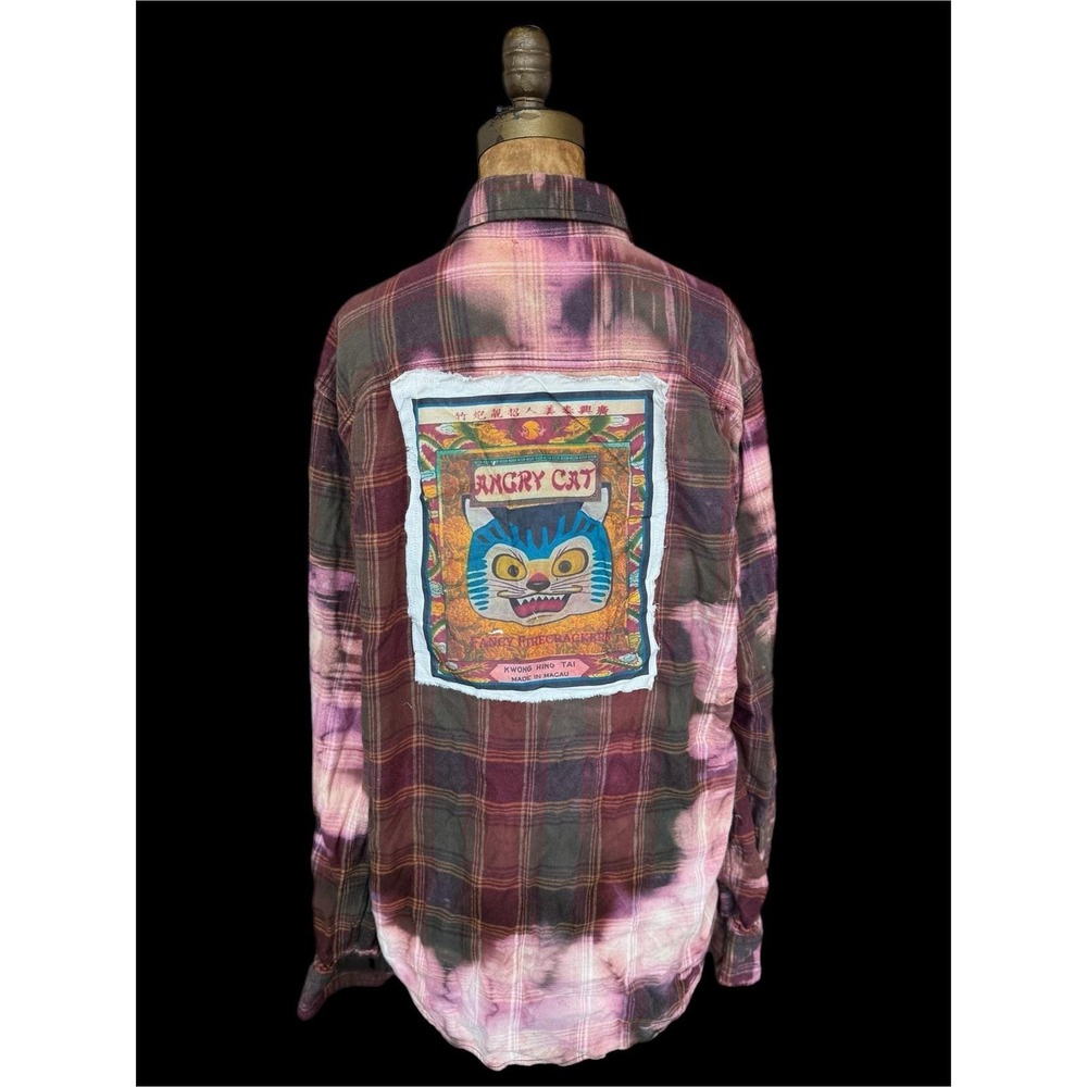 Upcycled Flannel Shirt Angry Cat Patch Grunge Art Large - Picture 2 of 7